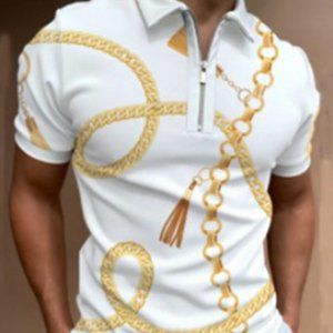 Men's Chain Print Short Sleeve Polo Shirt With Zip